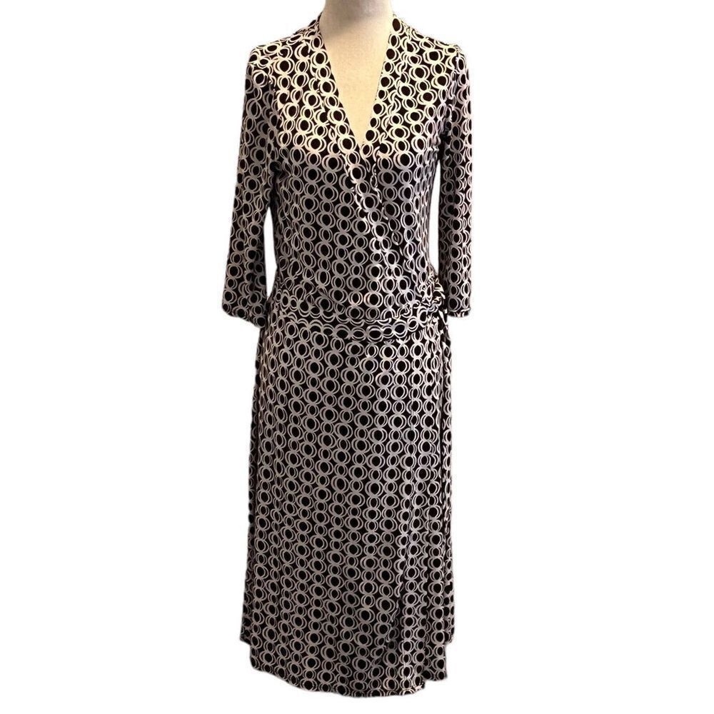 BISOU BISOU MICHELE BOHBOT KNIT WRAP STYLE DRESS BLACK WHITE GEOMETRIC SIZE 8
